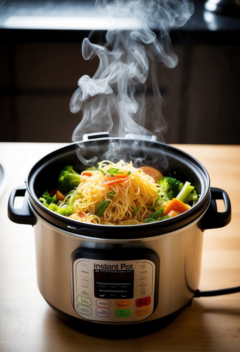 A steaming Instant Pot filled with colorful glass noodles, mixed with an array of fresh vegetables, emitting a tantalizing aroma