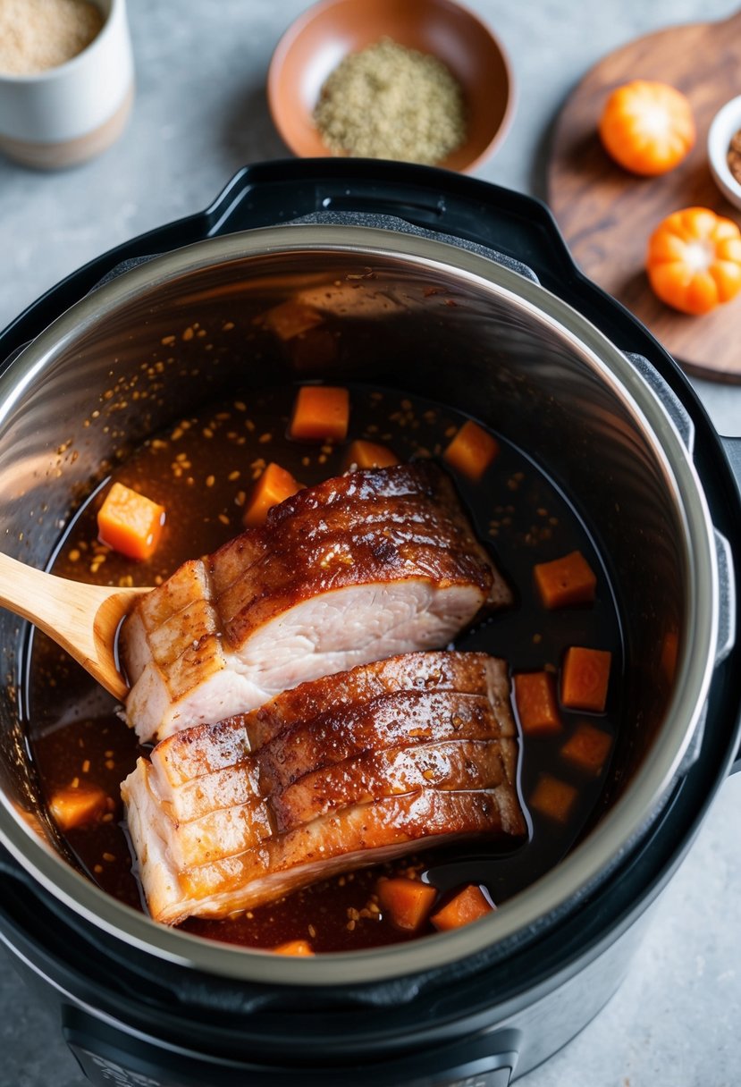 Pork belly simmering in soy sauce and spices in an instant pot