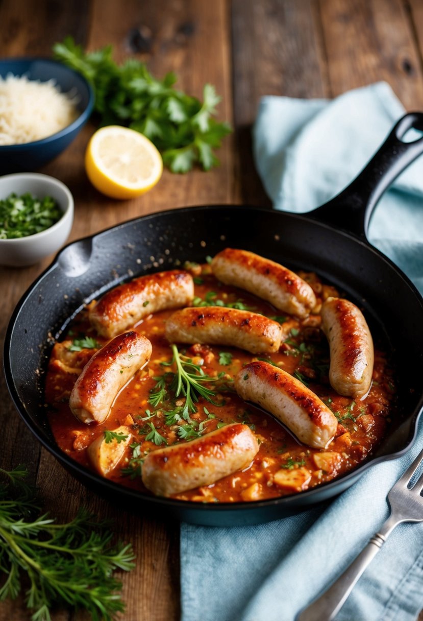 A sizzling skillet with spicy Italian chicken sausage and fresh herbs