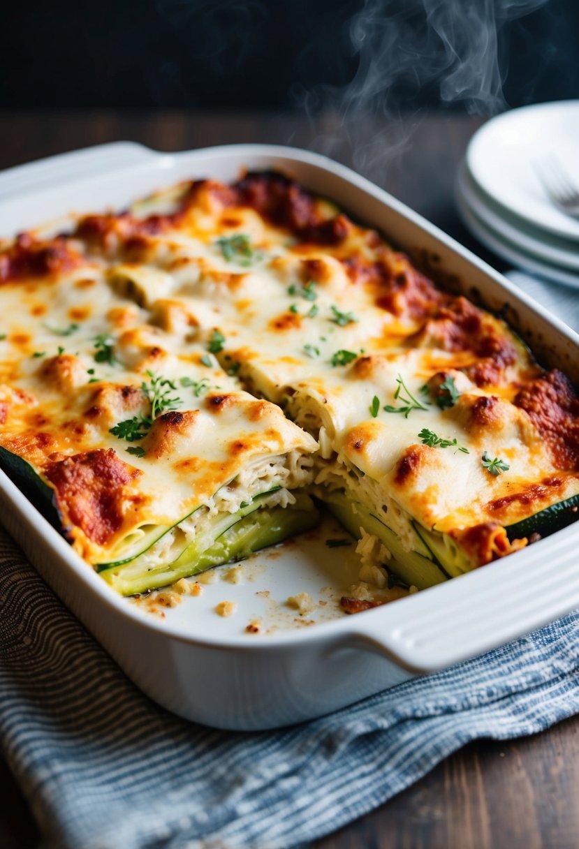 A steaming hot zucchini and chicken lasagna fresh out of the oven, with layers of melted cheese and savory Italian herbs