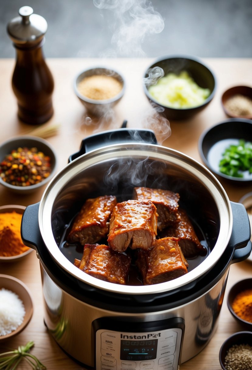 A steaming Instant Pot filled with succulent Korean short ribs, surrounded by traditional Korean spices and ingredients