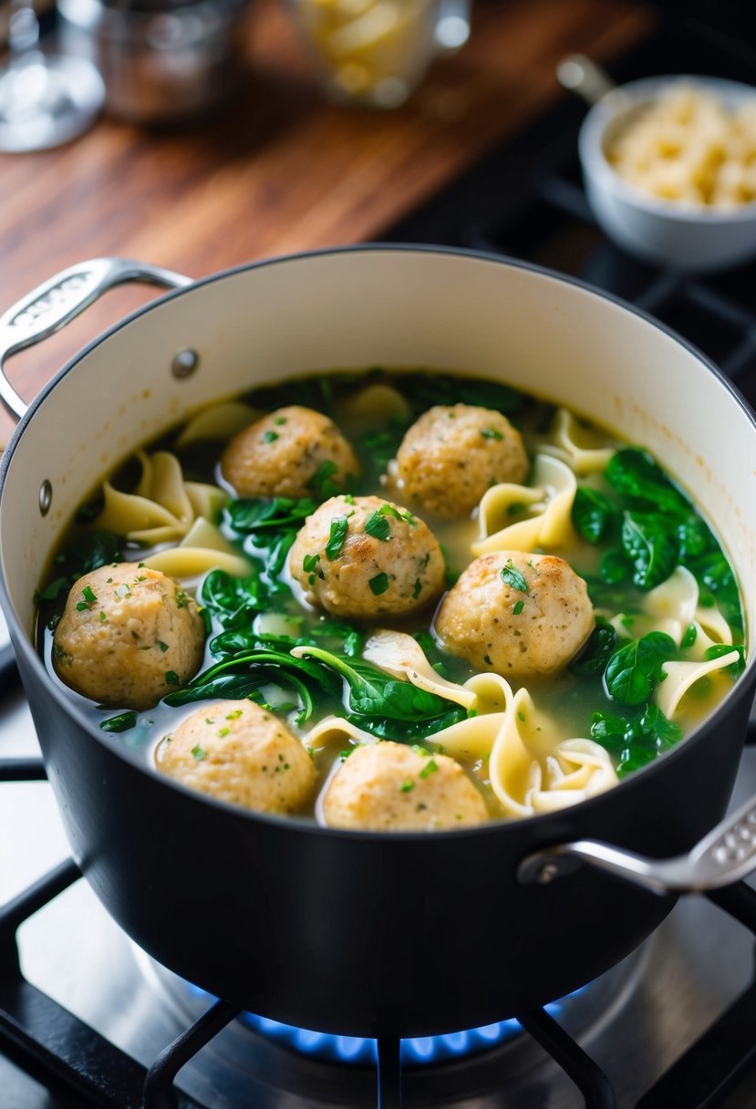 A pot of Italian Wedding Soup simmers on the stove, filled with tender chicken meatballs, vibrant green spinach, and delicate pasta