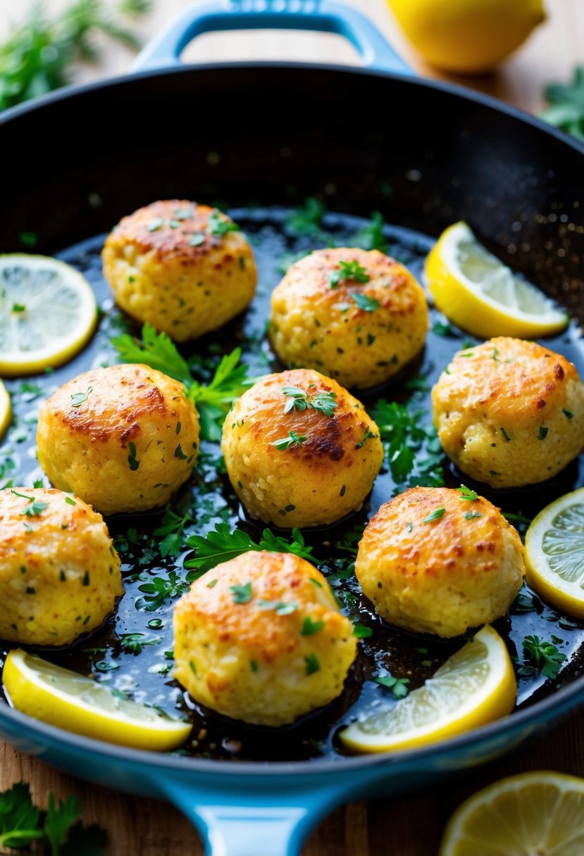 A sizzling skillet of golden-brown chicken piccata meatballs, surrounded by fresh herbs and lemon slices