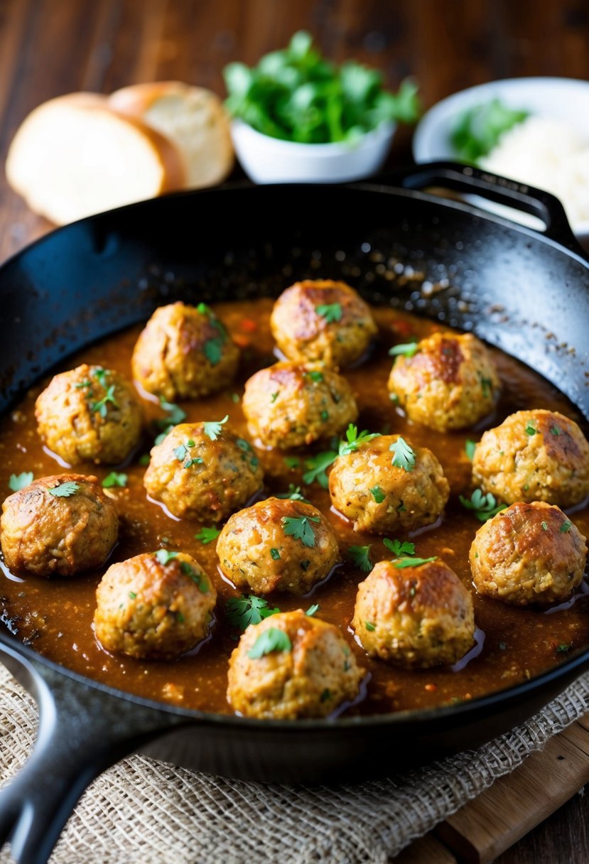 A sizzling skillet of Italian ground chicken meatballs simmering in rich Marsala sauce