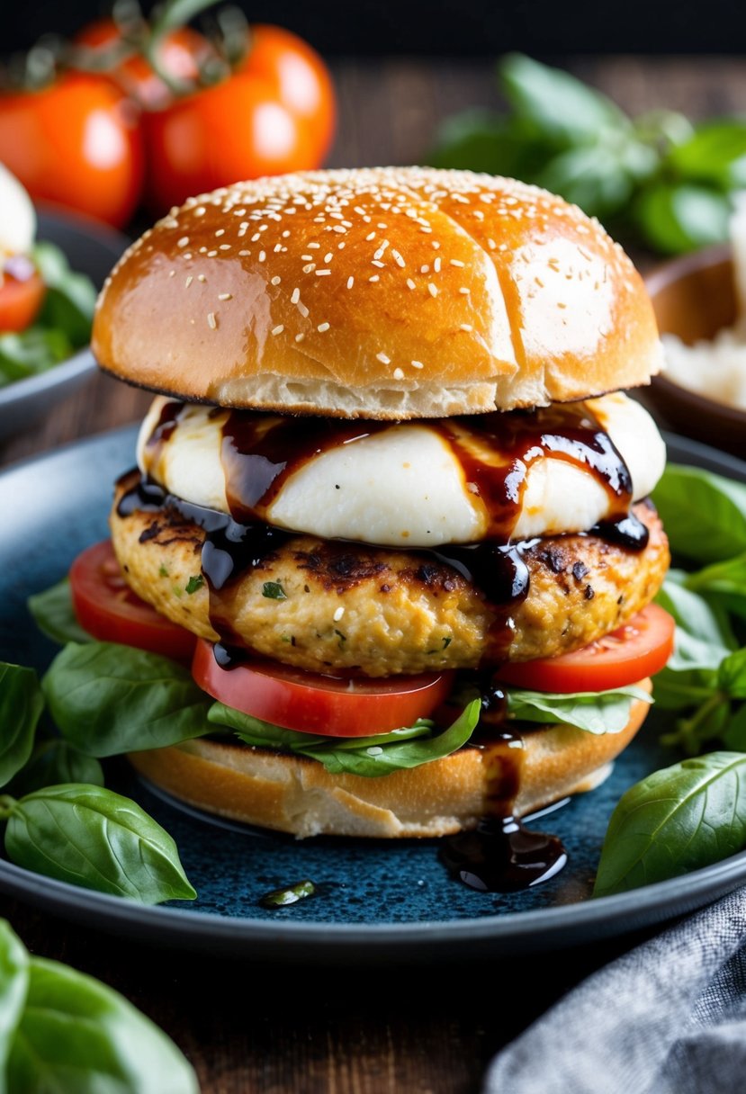 A sizzling chicken burger stuffed with mozzarella, tomatoes, and basil, topped with a balsamic glaze, surrounded by fresh ingredients