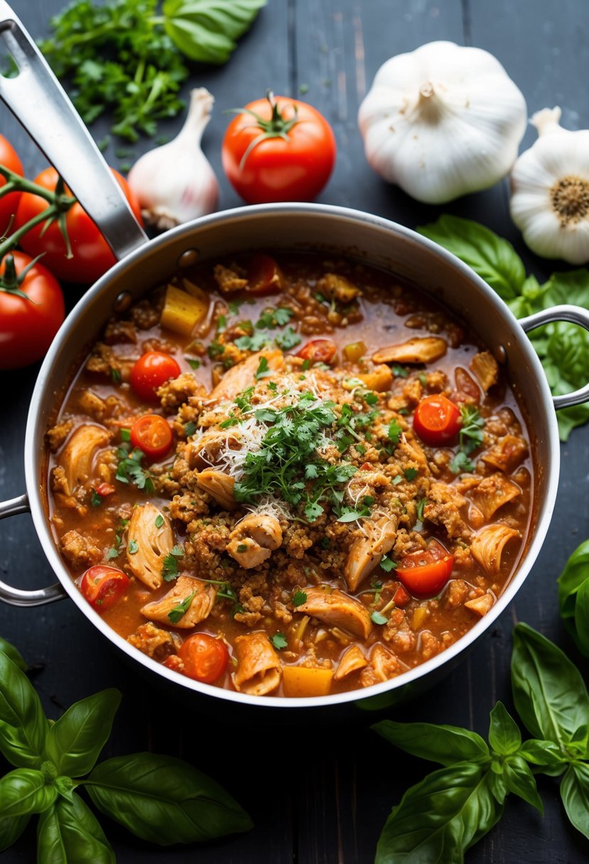 A simmering pot of Italian chicken ragu with tomatoes, herbs, and ground chicken, surrounded by fresh ingredients like garlic, onions, and basil