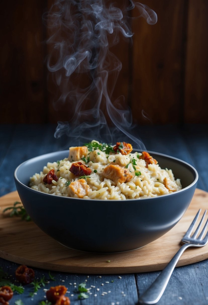 A steaming pot of creamy risotto with chunks of Italian ground chicken and scattered sundried tomatoes