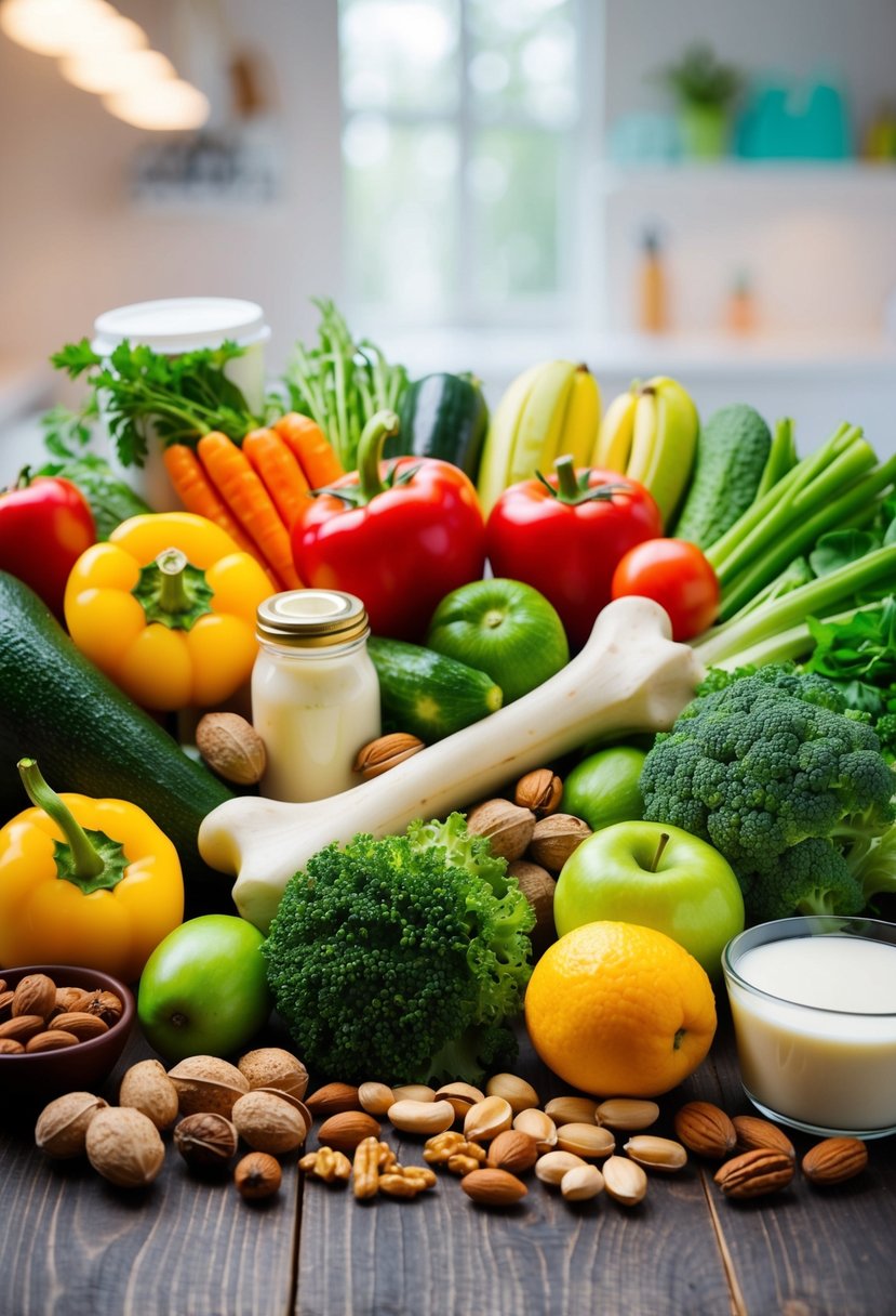 A variety of fresh vegetables, fruits, nuts, and dairy products arranged around a sturdy bone, symbolizing the ingredients for healthy bone recipes