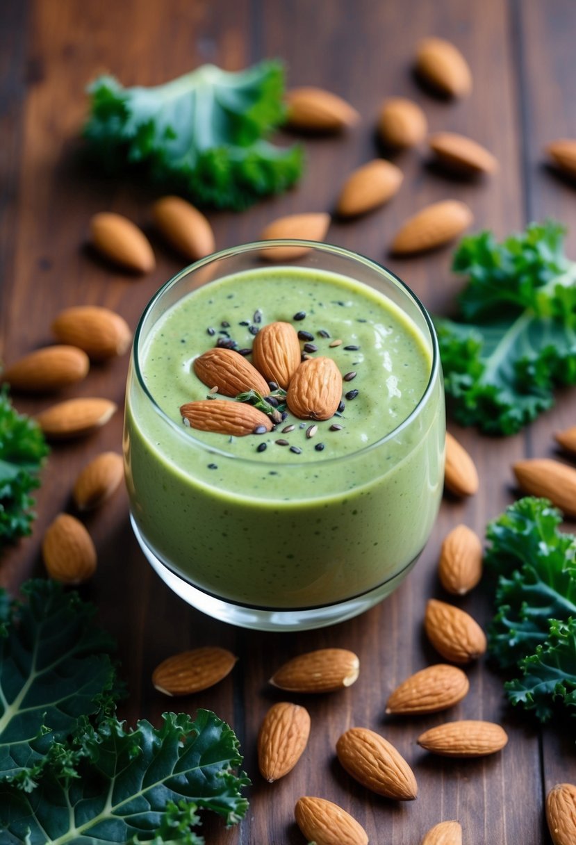 A glass filled with almond and kale smoothie surrounded by scattered almonds and kale leaves