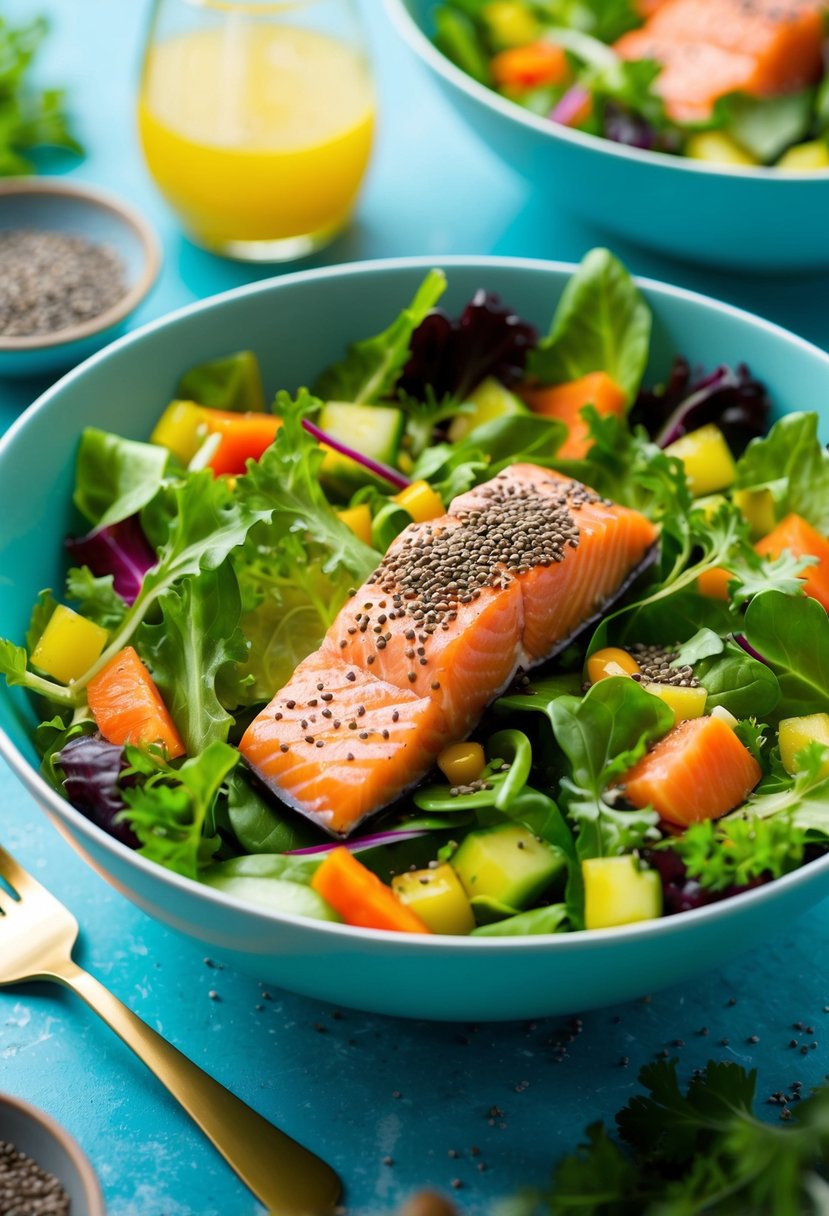 A vibrant salad bowl filled with fresh salmon, mixed greens, and chia seeds, surrounded by colorful vegetables and a light vinaigrette dressing