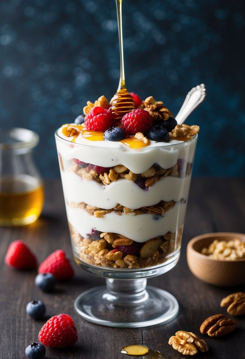 A glass parfait dish filled with layers of Greek yogurt, granola, and walnuts, topped with fresh berries and a drizzle of honey