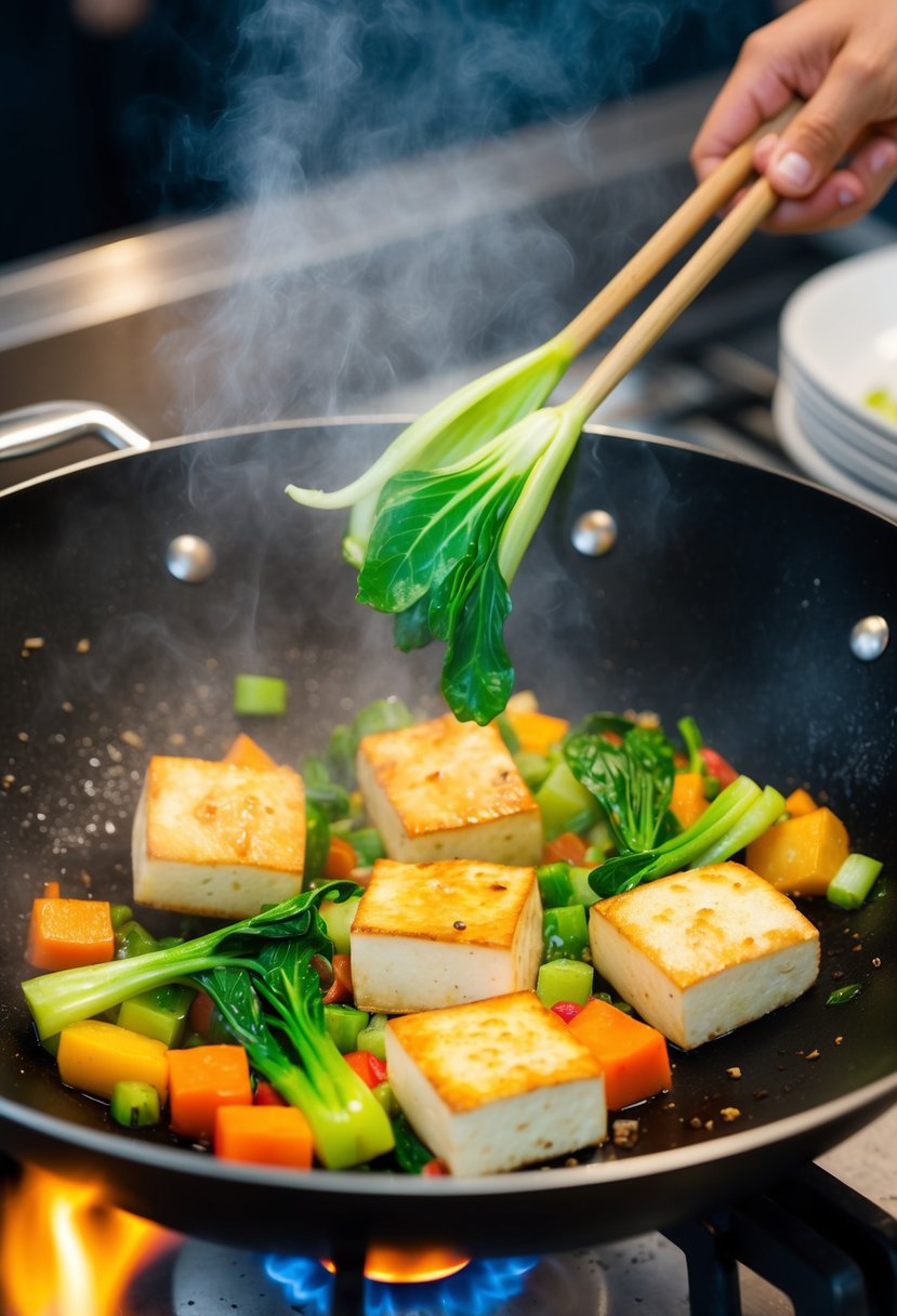 A sizzling wok with tofu, bok choy, and colorful vegetables being stir-fried over a hot flame