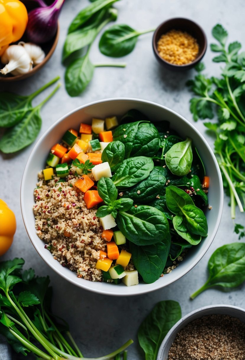 A colorful bowl filled with spinach, quinoa, and various vegetables, surrounded by fresh ingredients and herbs