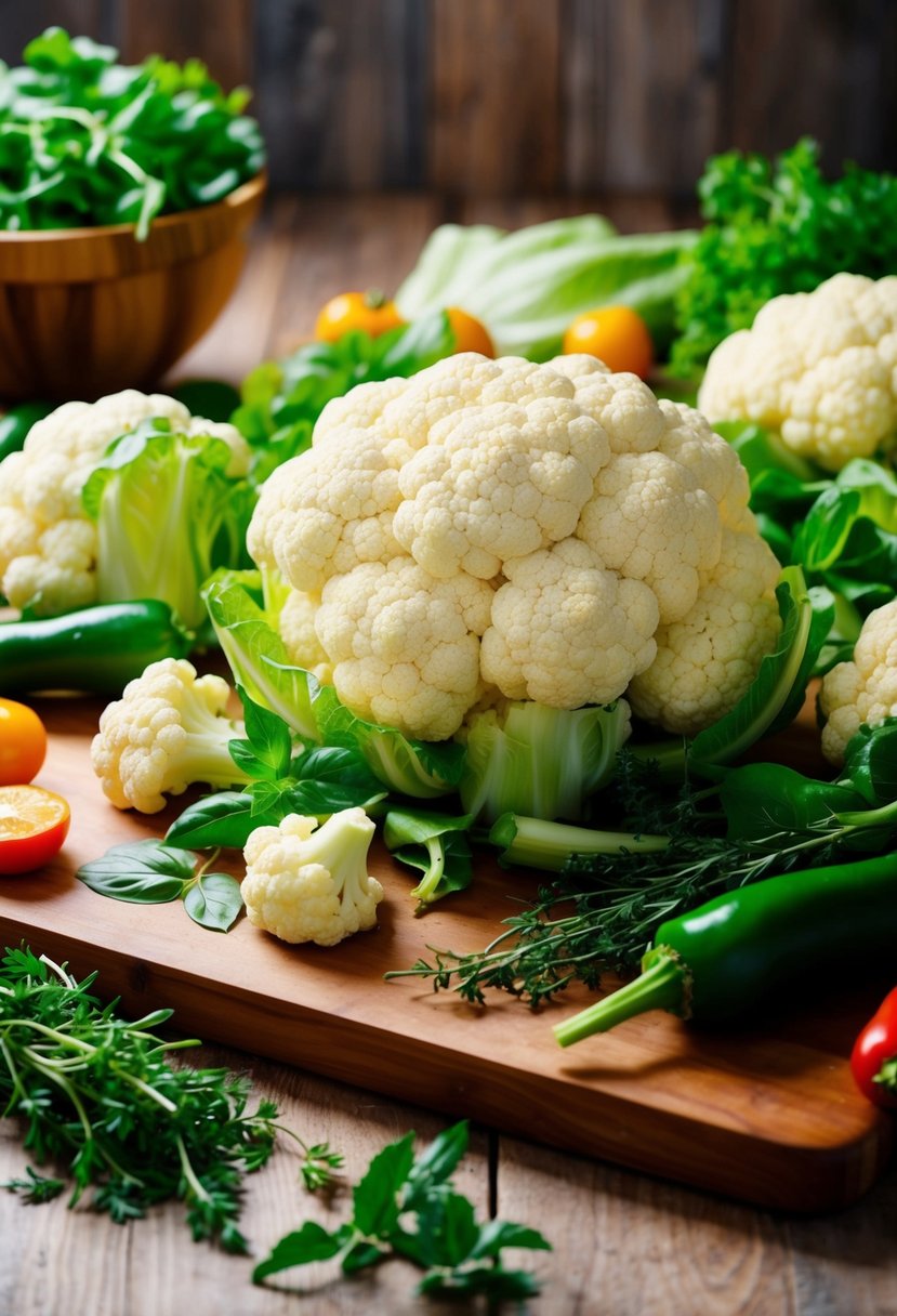 Fresh green cauliflower surrounded by vibrant herbs and vegetables on a wooden cutting board