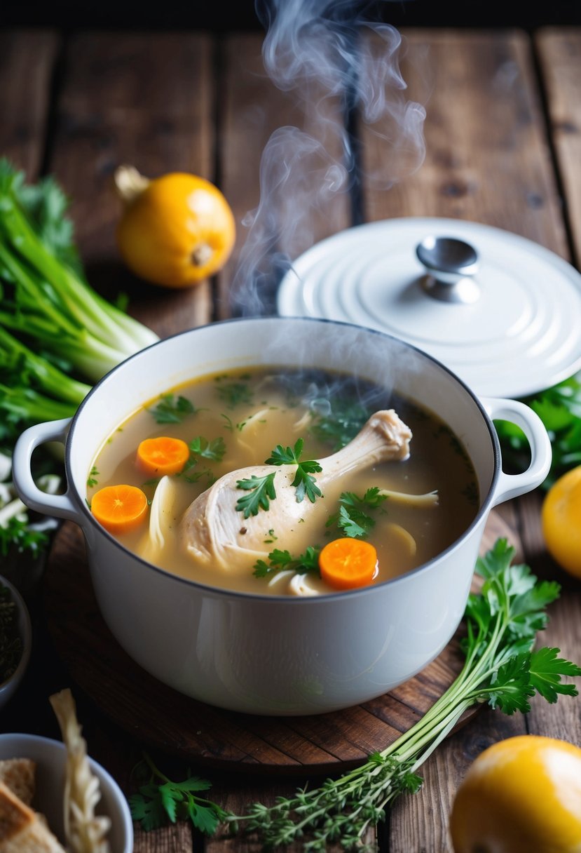 A steaming pot of bone broth chicken soup surrounded by fresh vegetables and herbs on a rustic wooden table