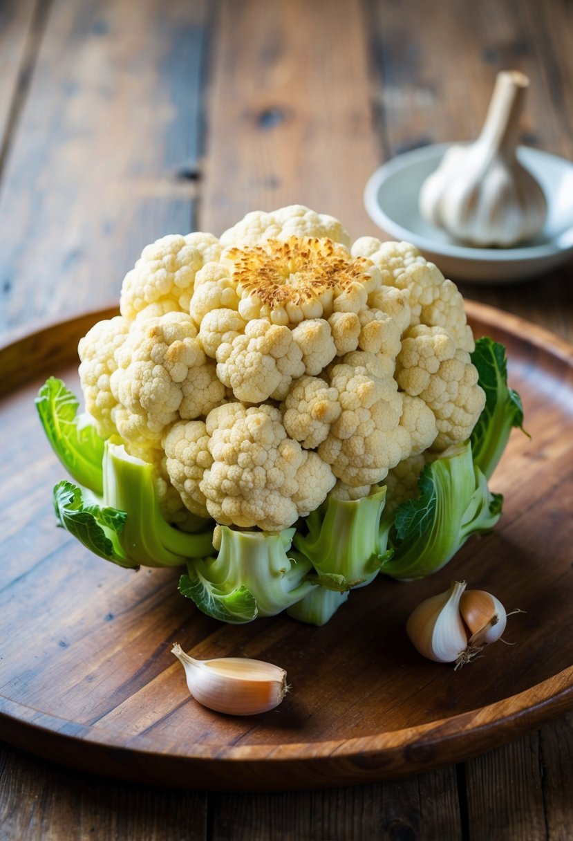 A whole green cauliflower, roasted and garnished with garlic, on a rustic wooden serving platter