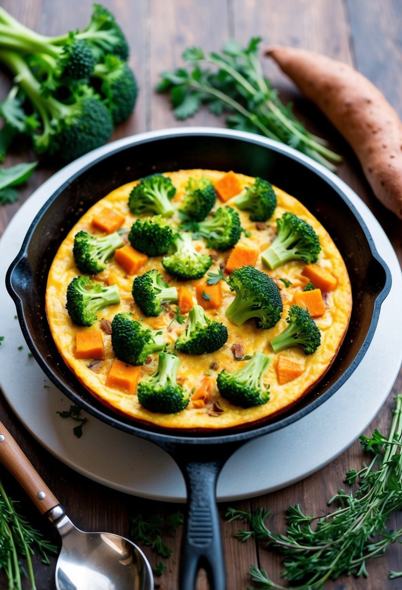 A colorful frittata sizzling in a skillet, filled with vibrant broccoli and sweet potato, surrounded by fresh herbs and spices