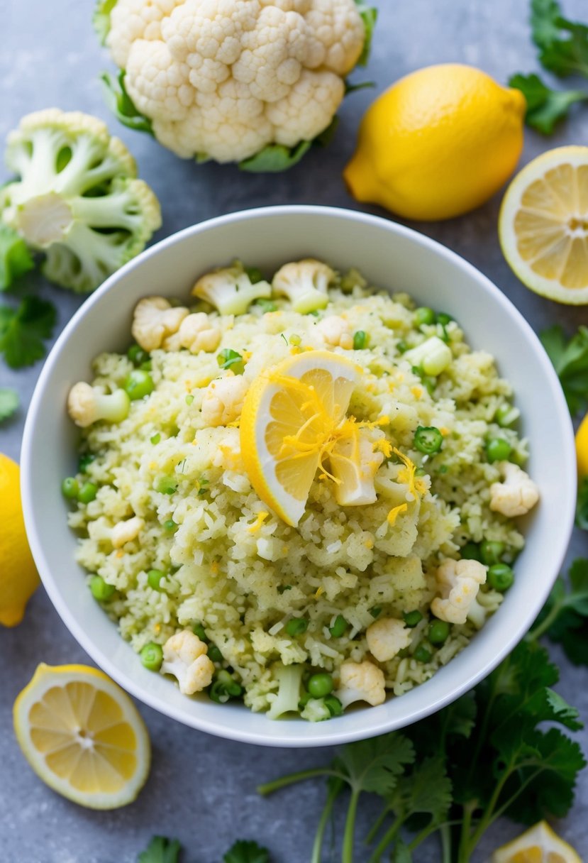 A bowl of green cauliflower rice topped with lemon zest, surrounded by fresh green cauliflower florets and lemon slices