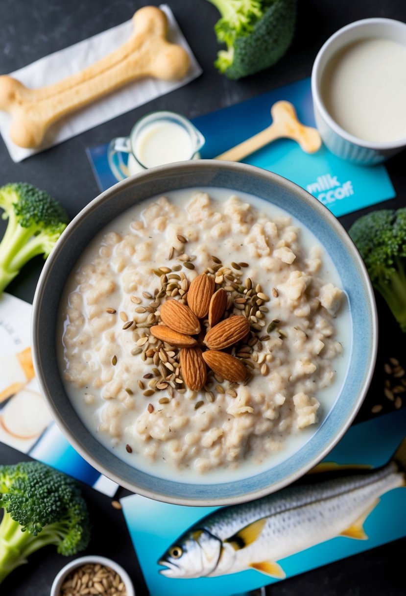 A bowl of oatmeal topped with almond milk and flaxseeds, surrounded by images of healthy bones like milk, broccoli, and fish