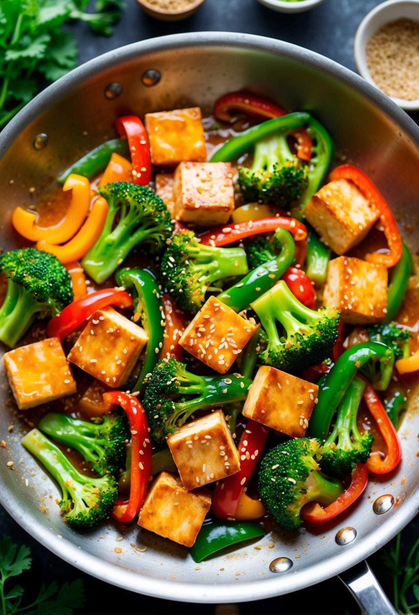 A colorful stir-fry of tofu, broccoli, and bell peppers sizzling in a sesame ginger sauce, surrounded by vibrant green herbs and spices