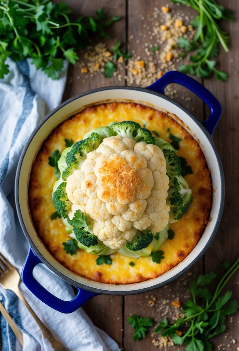 A bubbling cheesy green cauliflower bake in a rustic ceramic dish, surrounded by scattered fresh herbs and a sprinkling of breadcrumbs