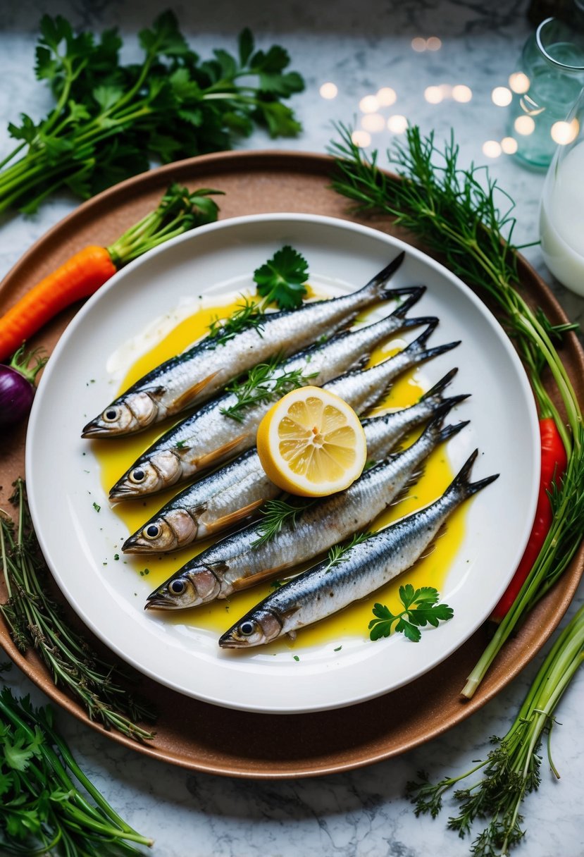 A plate of baked sardines with lemon surrounded by fresh herbs and colorful vegetables