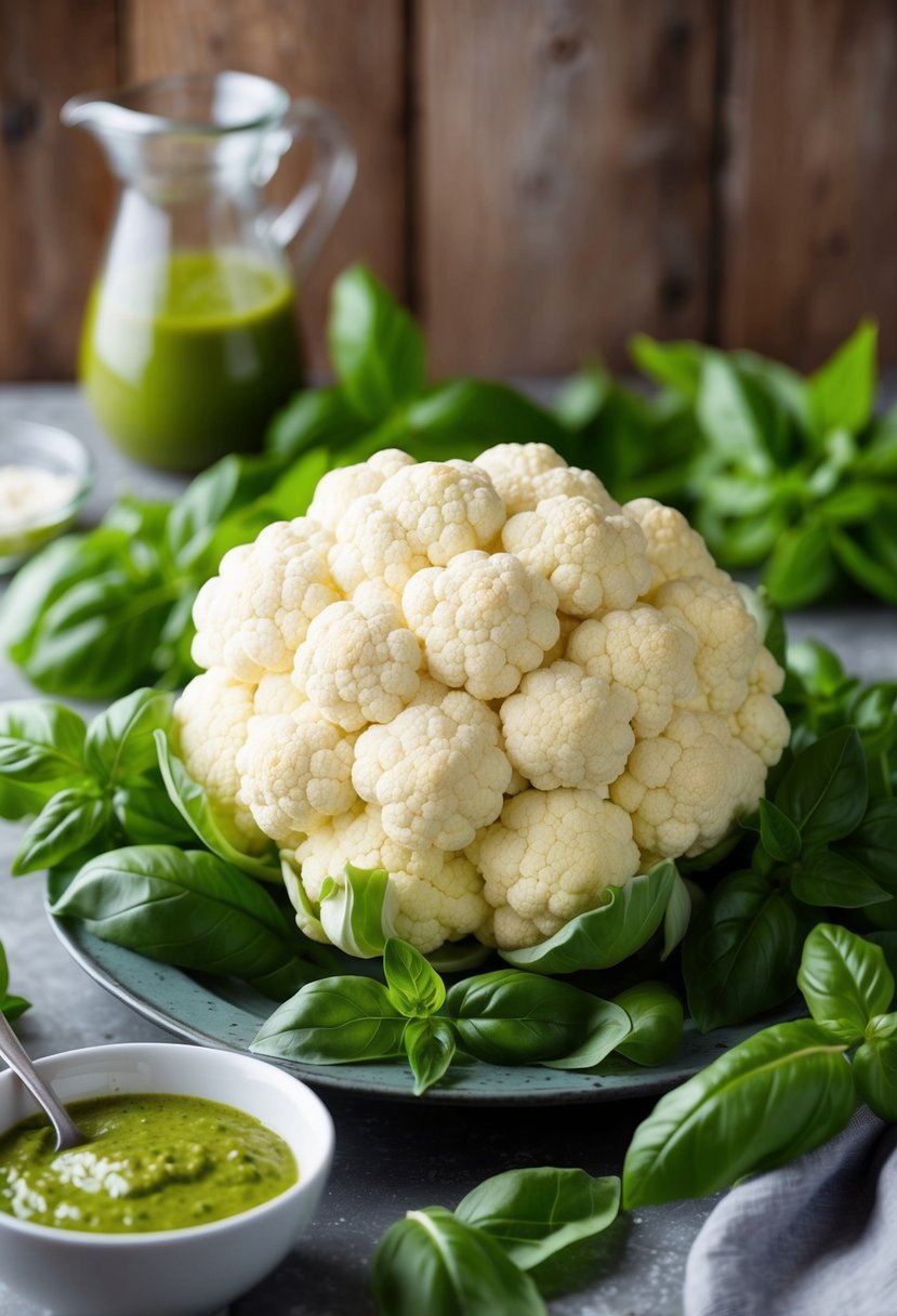 A vibrant green cauliflower surrounded by fresh basil leaves and pesto sauce in a rustic kitchen setting