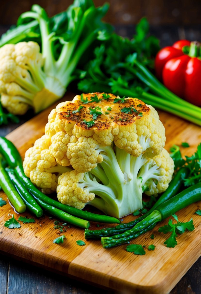 A sizzling green cauliflower steak seasoned with spicy herbs and surrounded by vibrant green vegetables on a wooden cutting board