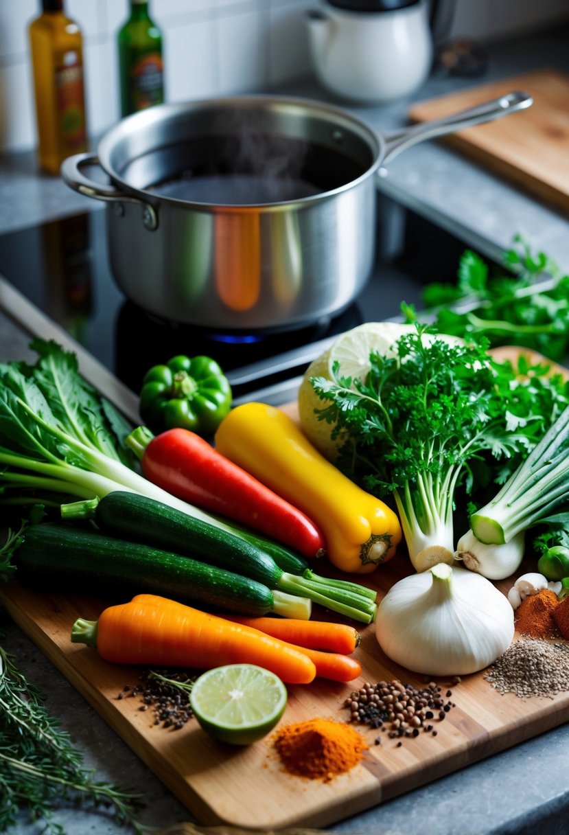 Fresh vegetables arranged on a cutting board, surrounded by spices and herbs. A pot of boiling water on the stove