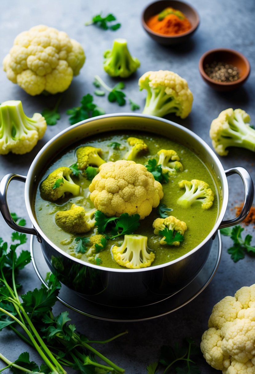 A steaming pot of green cauliflower curry surrounded by vibrant green cauliflower florets, aromatic spices, and a scattering of fresh herbs