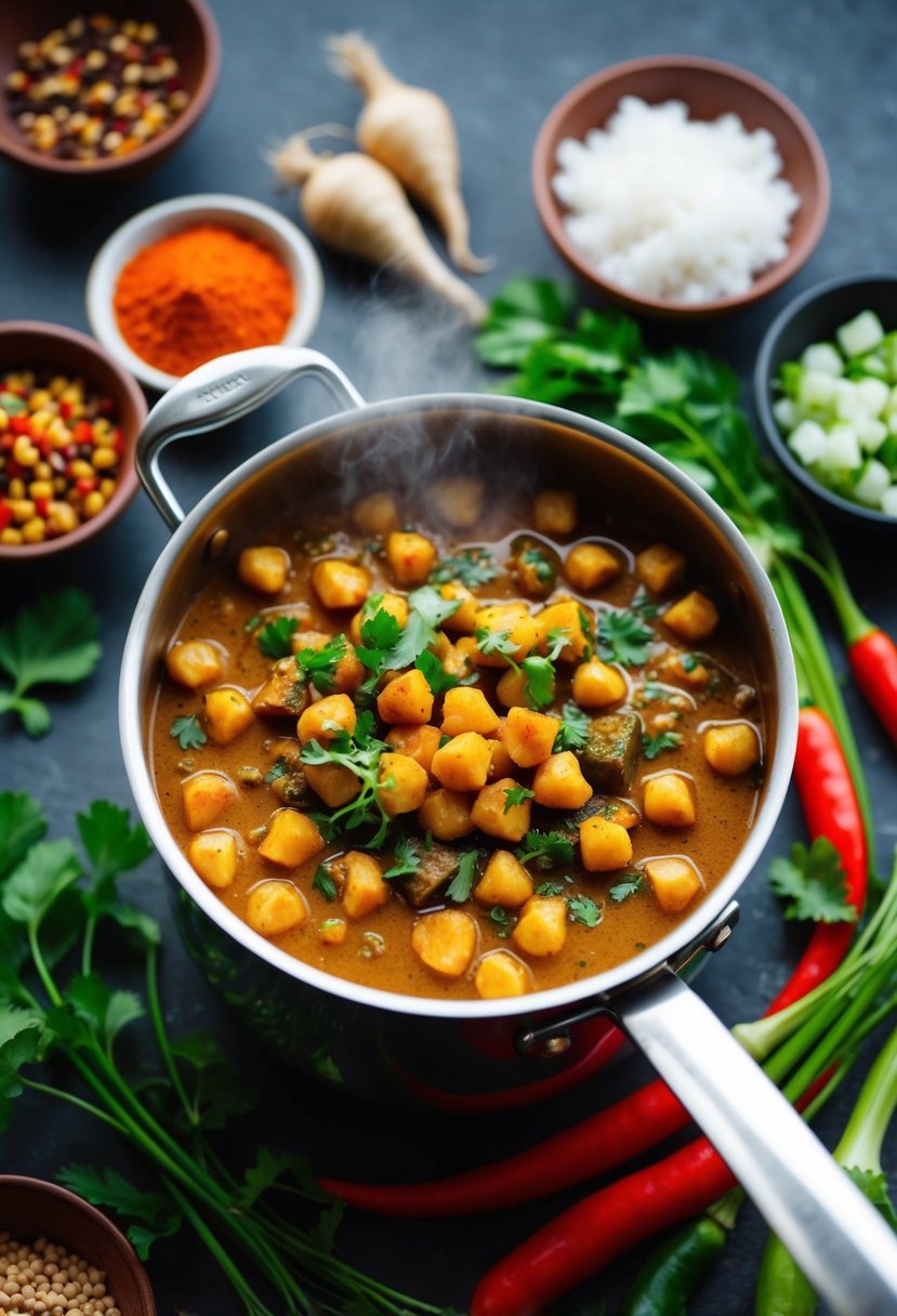 A steaming pot of chickpea curry surrounded by colorful spices and fresh vegetables