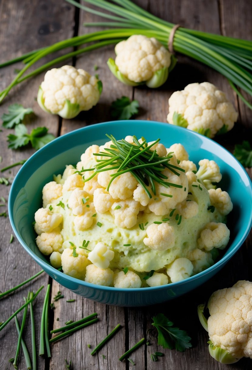 A bowl of green cauliflower mash topped with chives sits on a rustic wooden table, surrounded by scattered chive leaves and a few whole green cauliflowers