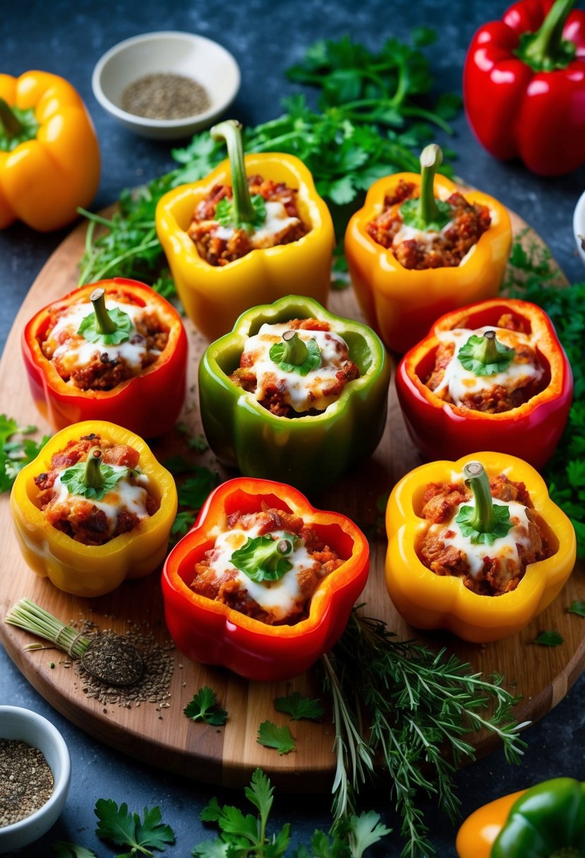 A colorful array of stuffed bell peppers surrounded by fresh herbs and spices on a wooden cutting board