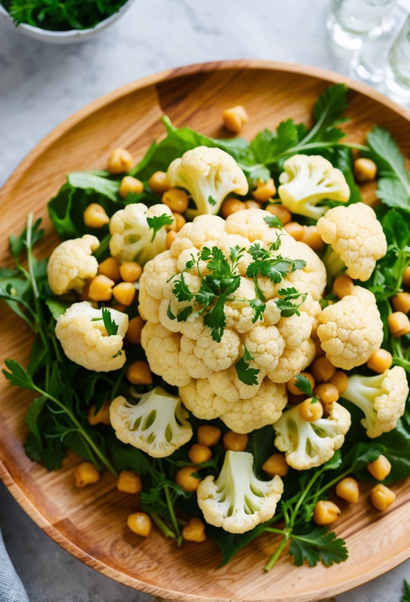 A vibrant green cauliflower and chickpea salad arranged on a wooden serving platter, with fresh herbs and a light vinaigrette drizzled over the top