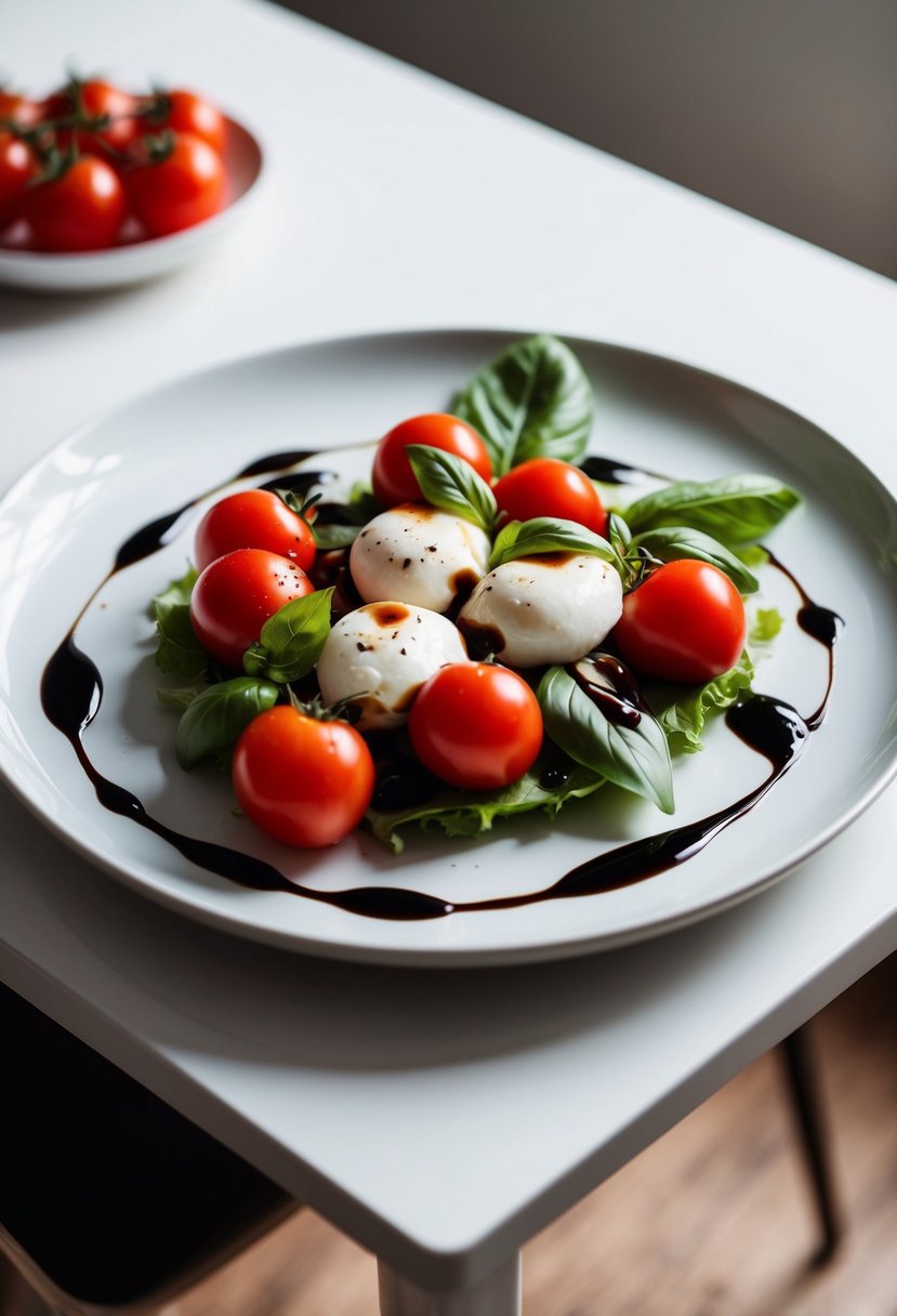 A plate of Caprese Salad with fresh tomatoes, mozzarella, basil, and a drizzle of balsamic glaze on a white table