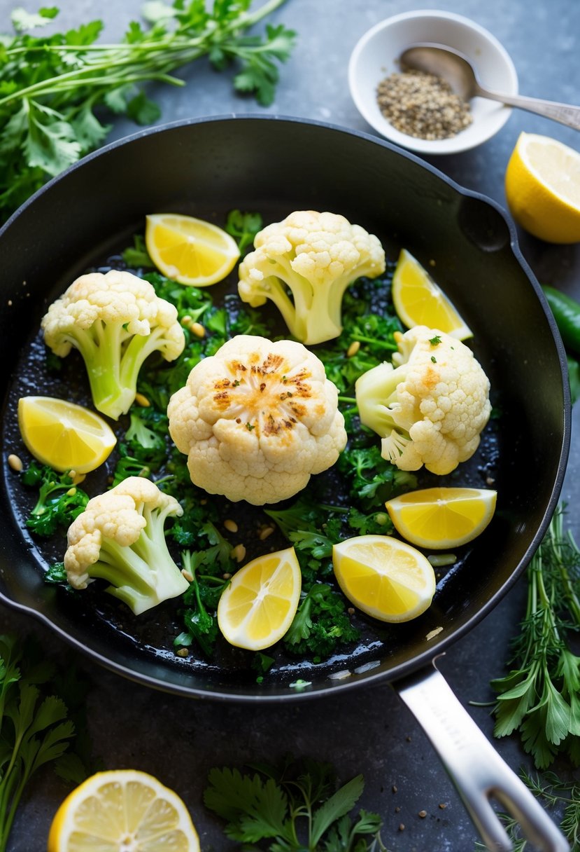 A sizzling skillet with lemon-garlic sautéed green cauliflower, surrounded by fresh herbs and spices