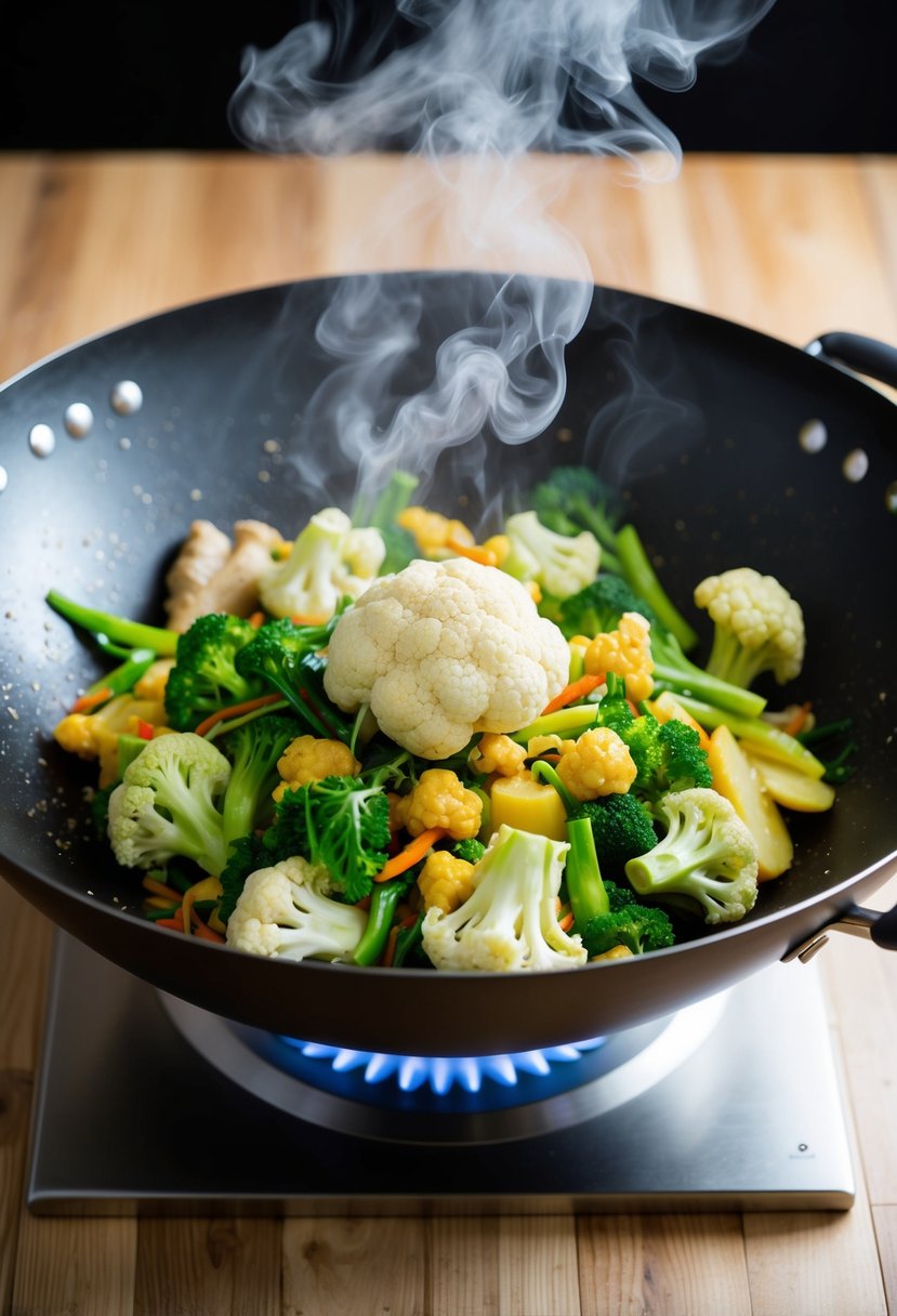 A sizzling wok filled with vibrant green cauliflower, ginger, and other colorful stir-fry ingredients, emitting aromatic steam