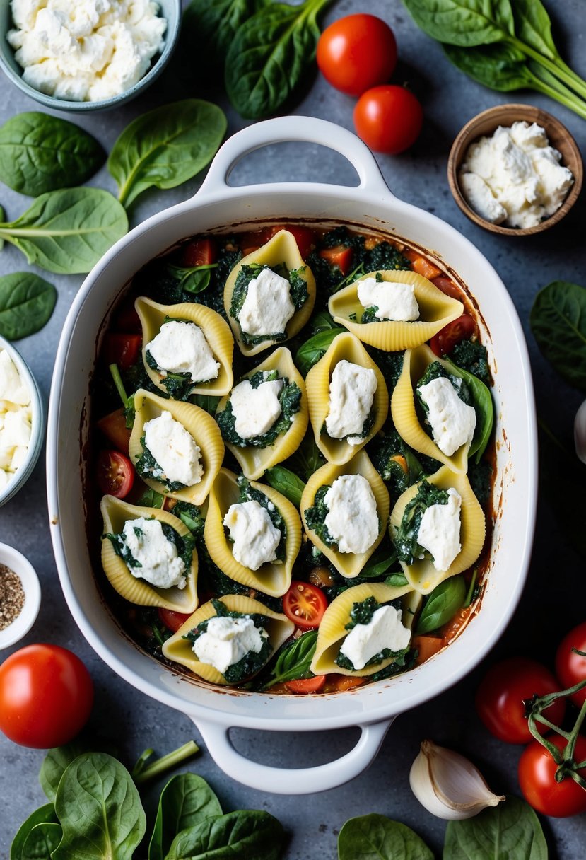 A baking dish filled with spinach and ricotta stuffed pasta shells, surrounded by fresh ingredients like spinach leaves, ricotta cheese, and tomatoes