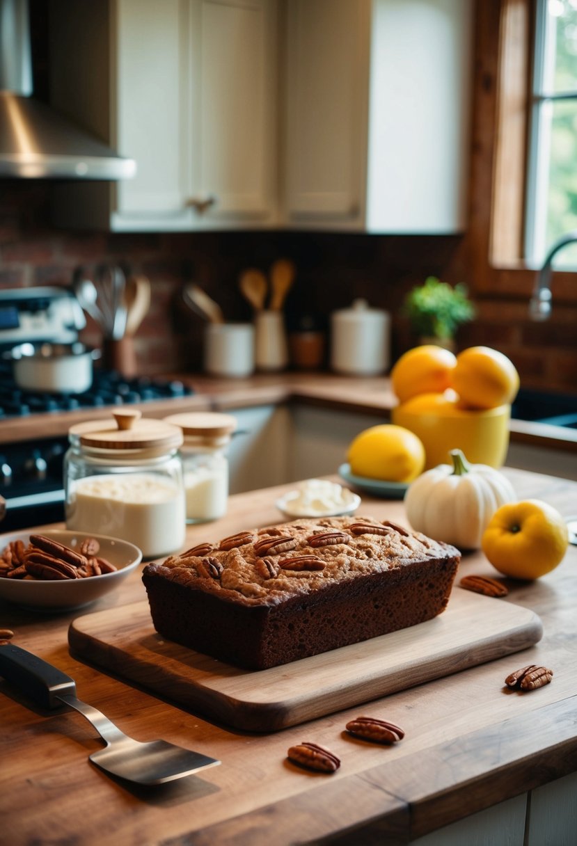 A rustic kitchen with ingredients and utensils for baking pecan loaf cake on a wooden countertop