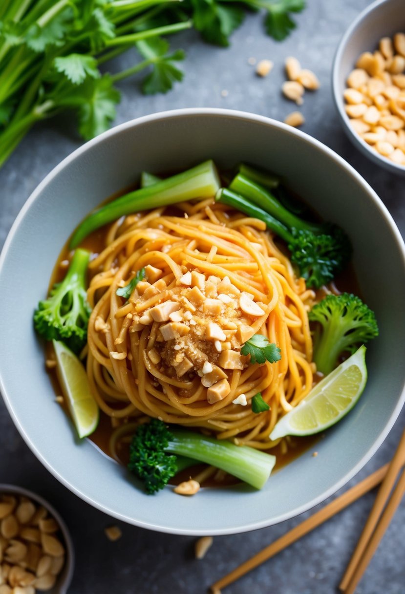 A steaming bowl of Thai peanut noodles surrounded by fresh vegetables and a sprinkle of crushed peanuts