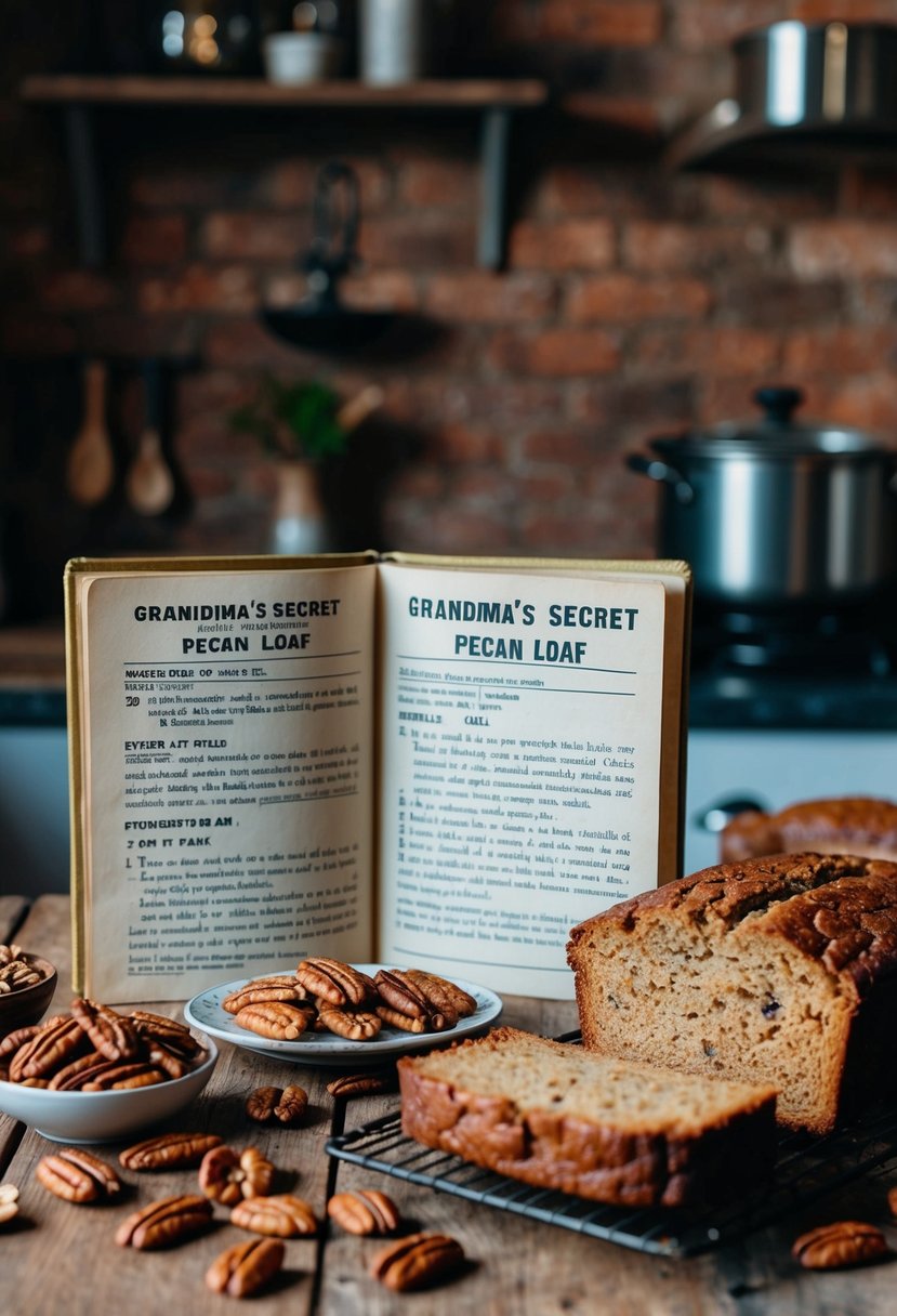 A rustic kitchen with a vintage recipe book open to a page titled "Grandma's Secret Pecan Loaf," surrounded by scattered pecans and a loaf of freshly baked cake