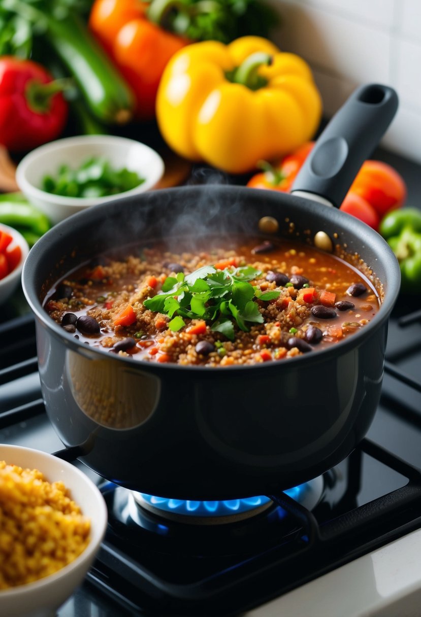 A steaming pot of quinoa and black bean chili simmering on a stovetop, surrounded by colorful vegetables and spices