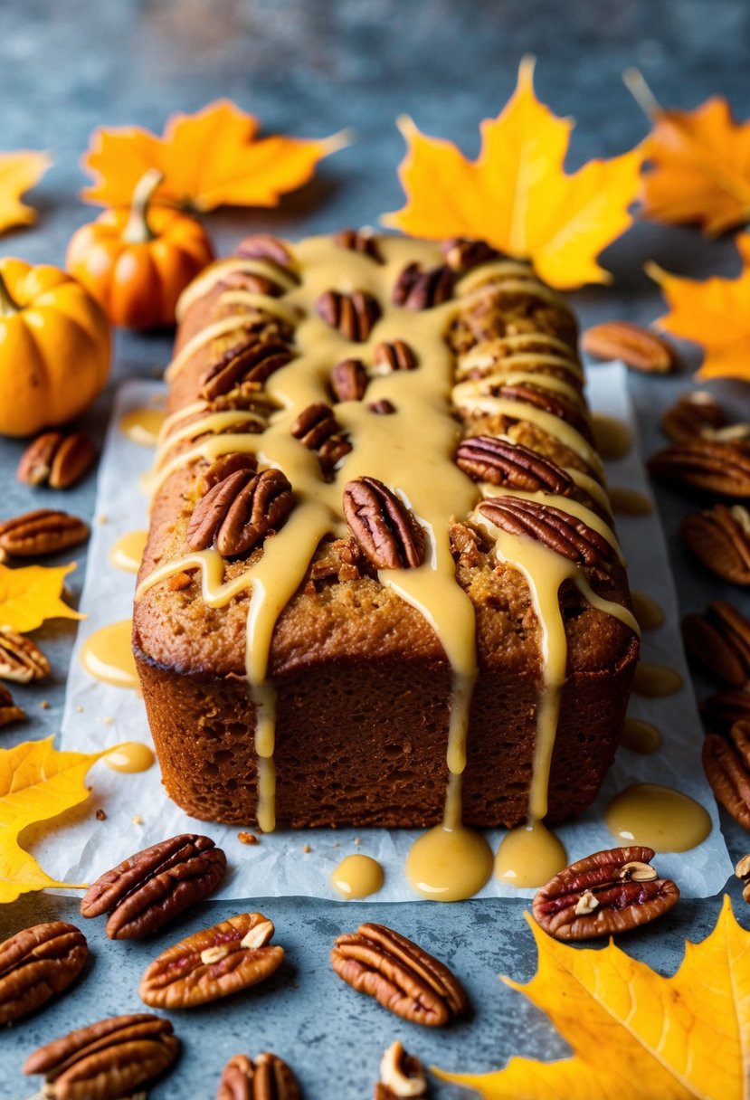 A golden pecan loaf cake drizzled with maple glaze, surrounded by whole pecans and autumn leaves