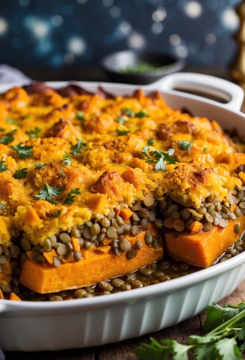 A bubbling casserole dish filled with layers of lentils, sweet potatoes, and savory herbs, topped with a golden crust