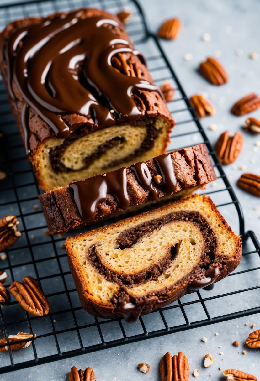 A chocolate swirl pecan loaf cooling on a wire rack, surrounded by scattered pecans and a drizzle of chocolate glaze