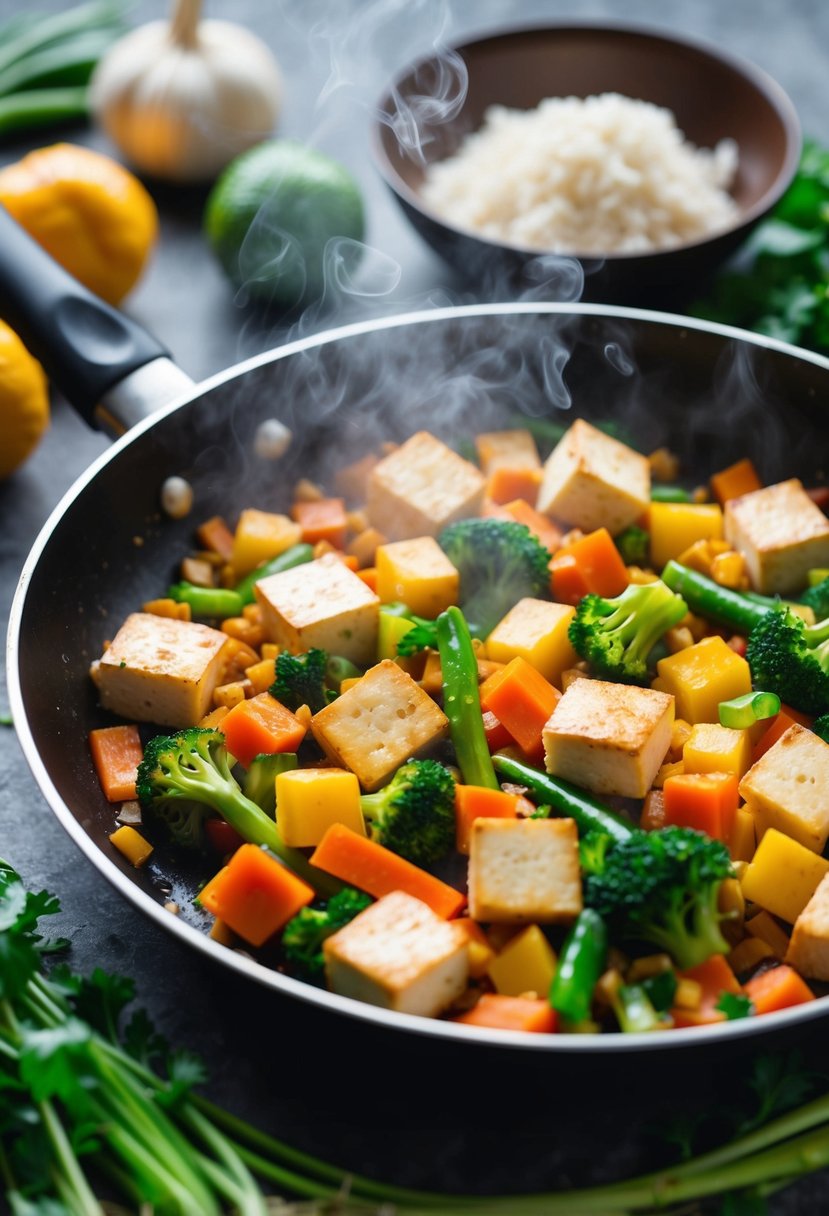 A sizzling stir-fry pan filled with colorful vegetables and cubes of tofu, steam rising, surrounded by fresh ingredients