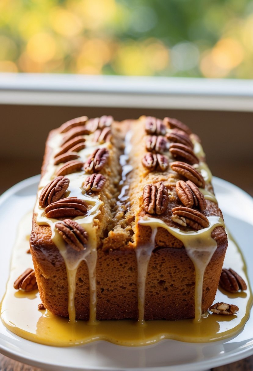 A golden pecan loaf cake topped with honey butter glaze and pecans