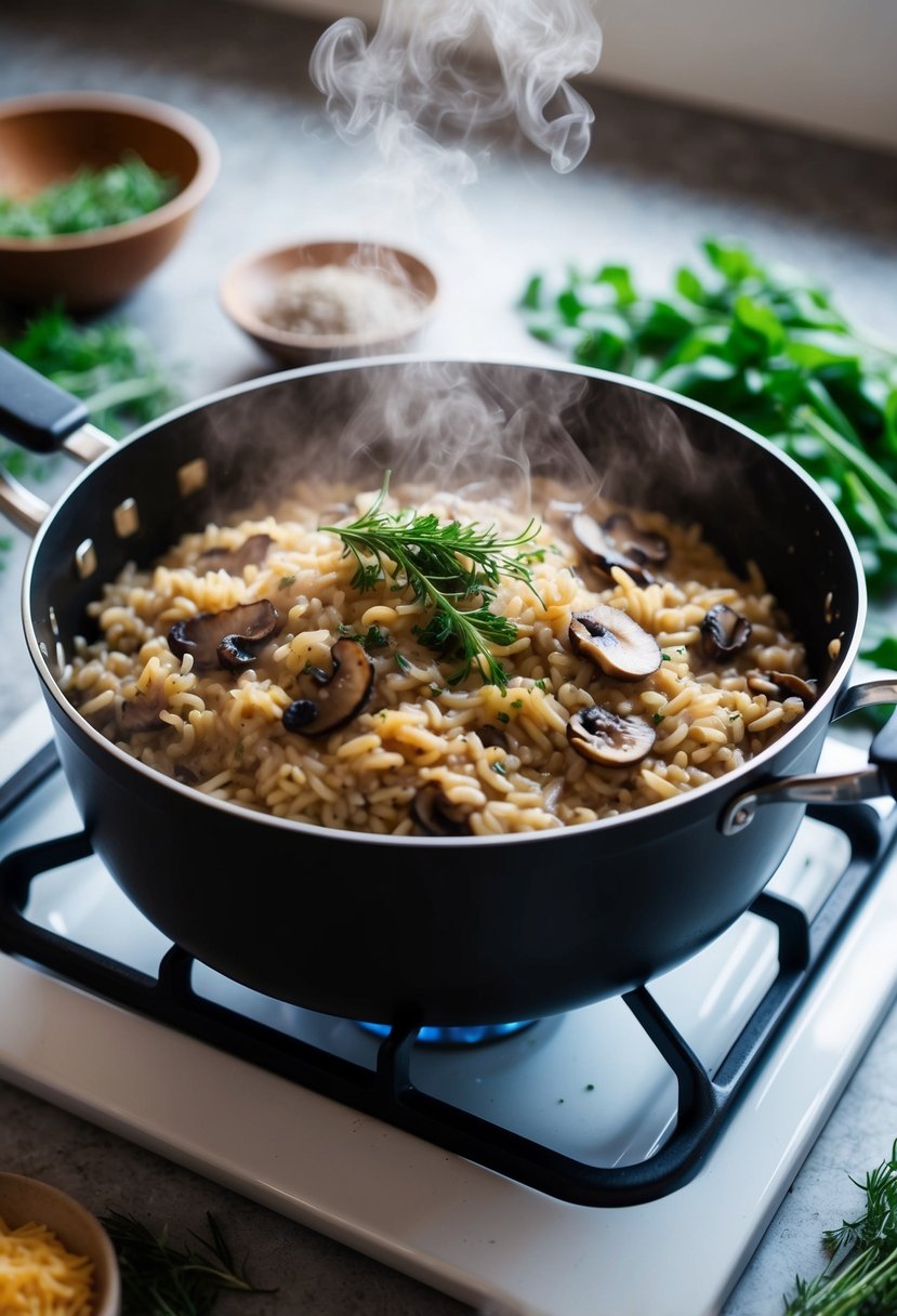 A steaming pot of mushroom risotto cooking on a stove, surrounded by fresh herbs and ingredients