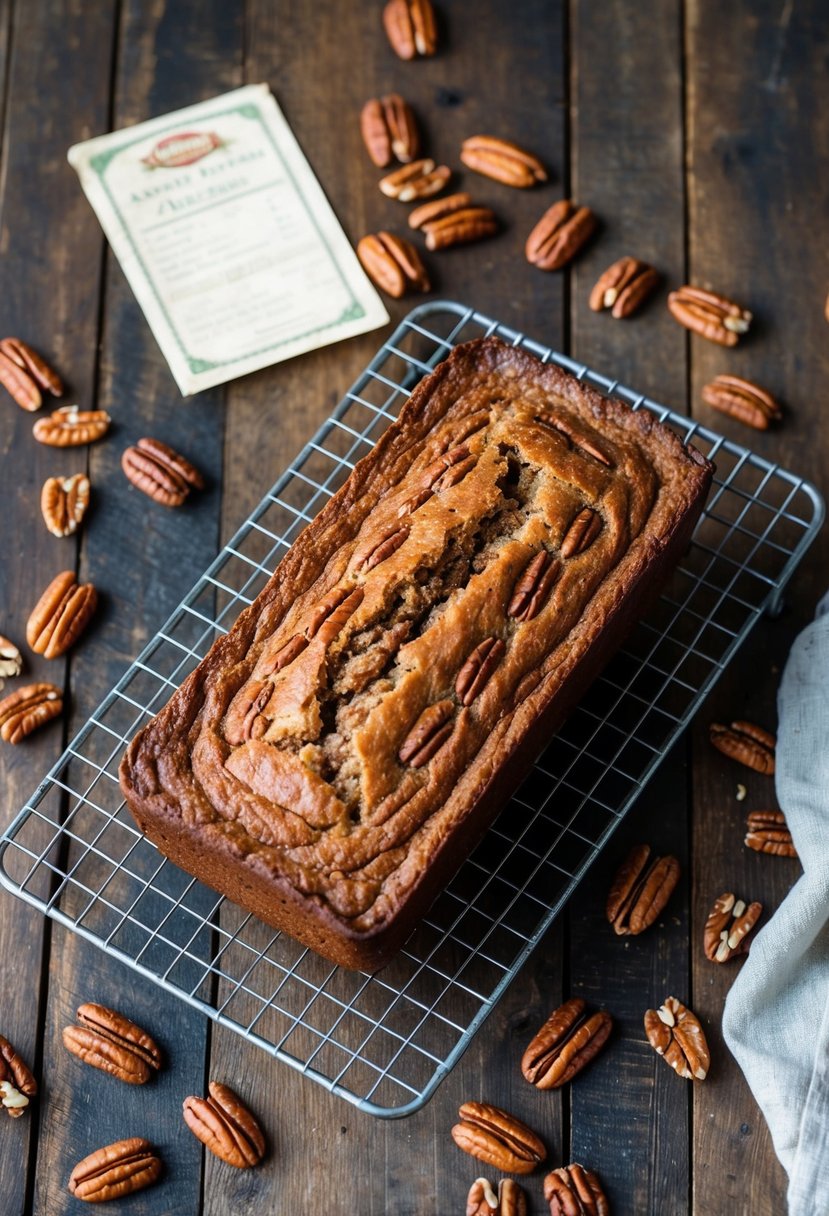 A rustic kitchen table with a freshly baked pecan loaf cooling on a wire rack, surrounded by scattered pecans and a vintage recipe card