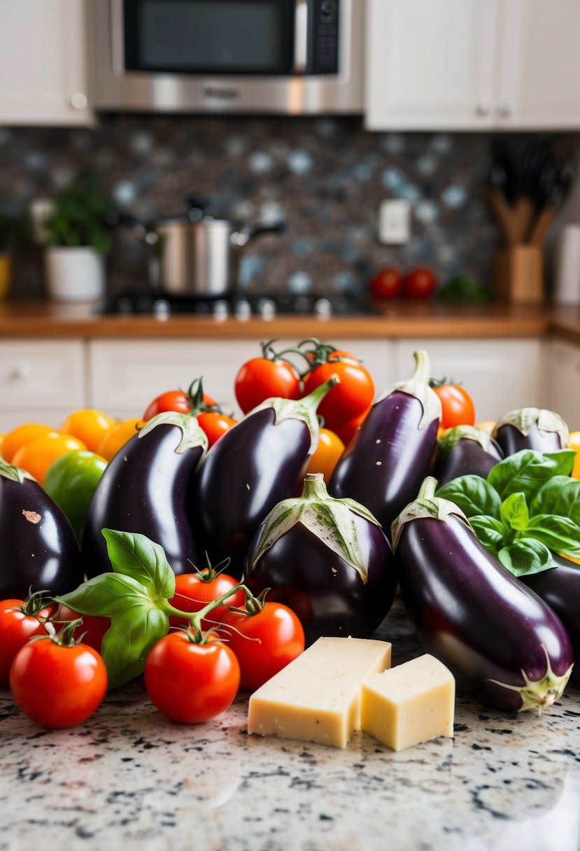 A colorful array of fresh eggplants, tomatoes, basil, and cheese arranged on a kitchen counter, ready to be transformed into a delicious eggplant Parmesan dish